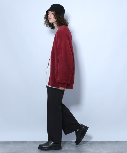 HARE ワインレッド グレー ニットカーディガン ボレロ HARE（ハレ）の「シャギーニットカーディガン(HARE)（カーディガン