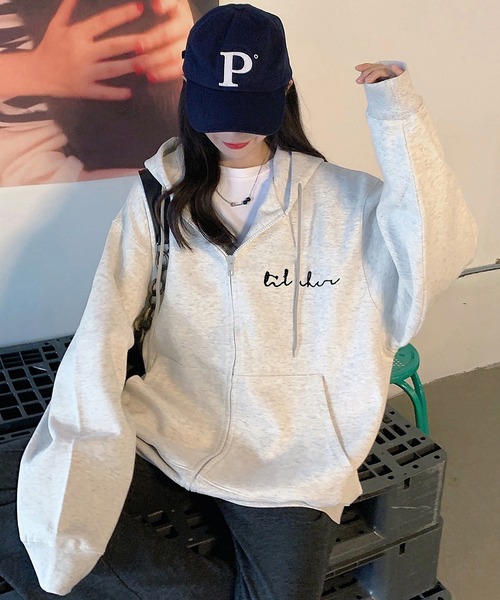 DEVICE（デバイス）の「ミニロゴプリント オーバーサイズ 長袖 フーディ スウェット パーカー ジップパーカー（パーカー・レディース・ブラック/ベージュ/グレー/ネイビー/チャコールグレー・FREE）」の13枚目の写真