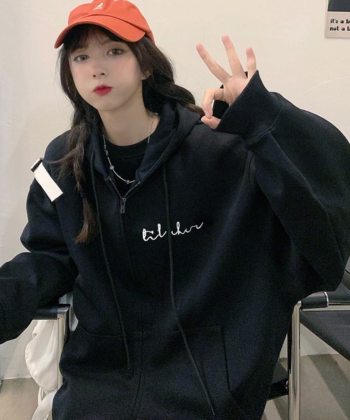 DEVICE（デバイス）の「ミニロゴプリント オーバーサイズ 長袖 フーディ スウェット パーカー ジップパーカー（パーカー・レディース・ブラック/ベージュ/グレー/ネイビー/チャコールグレー・FREE）」の15枚目の写真