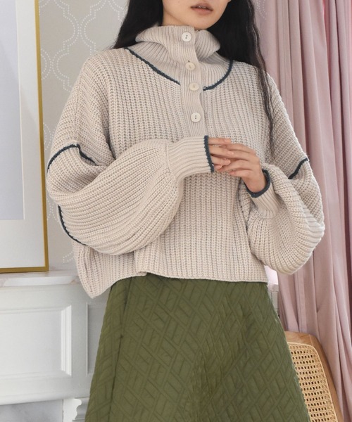 Alley by w closet(アリーバイダブルクローゼット)の「【Alley】ライン入りハイネックニットプルオーバー(ニット/セーター・レディース・ターコイズブルー/ベージュ/ラベンダー/グリーン・FREE)」の2枚目の写真