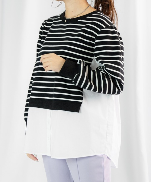 Loco Ocean（ロコオーシャン）の「レイヤード風 布帛シャツドッキングプルオーバースウェット（シャツ/ブラウス・レディース・ホワイト/ブラック・FREE）」の2枚目の写真