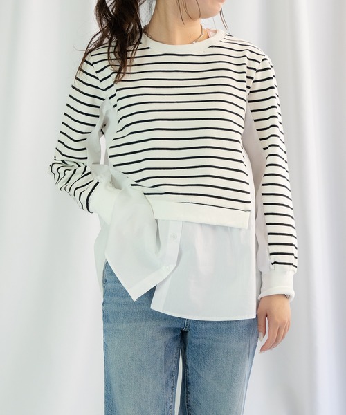 Loco Ocean（ロコオーシャン）の「レイヤード風 布帛シャツドッキングプルオーバースウェット（シャツ/ブラウス・レディース・ホワイト/ブラック・FREE）」の8枚目の写真