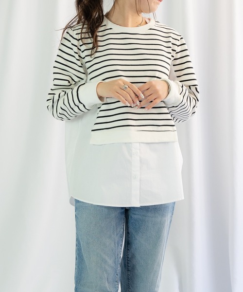 Loco Ocean（ロコオーシャン）の「レイヤード風 布帛シャツドッキングプルオーバースウェット（シャツ/ブラウス・レディース・ホワイト/ブラック・FREE）」の7枚目の写真