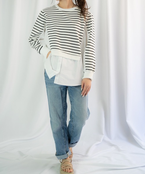 Loco Ocean（ロコオーシャン）の「レイヤード風 布帛シャツドッキングプルオーバースウェット（シャツ/ブラウス・レディース・ホワイト/ブラック・FREE）」の4枚目の写真