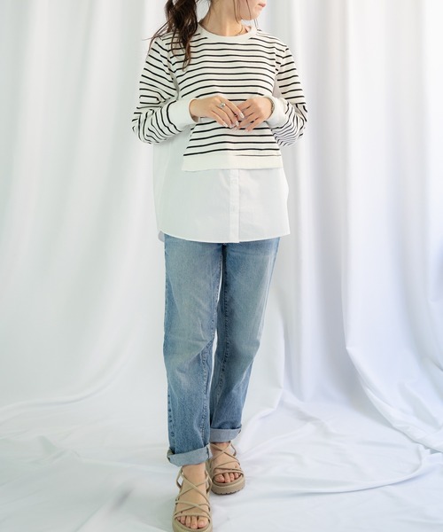 Loco Ocean（ロコオーシャン）の「レイヤード風 布帛シャツドッキングプルオーバースウェット（シャツ/ブラウス・レディース・ホワイト/ブラック・FREE）」の3枚目の写真