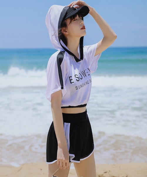 TeddyShop（テディショップ）の「レディース水着 モノトーンスポーティビキニ+半袖フード付きメッシュトップス 3点セット（水着・レディース・ホワイト・L/M/LL）」の7枚目の写真