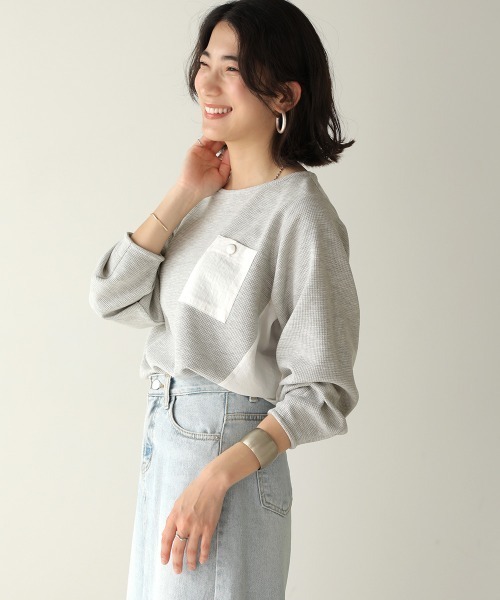 Bou Jeloud(ブージュルード)の「ワッフル異素材配色ドッキングプルオーバー(Tシャツ/カットソー・レディース・ネイビー/グレー/オフホワイト・FREE)」の6枚目の写真