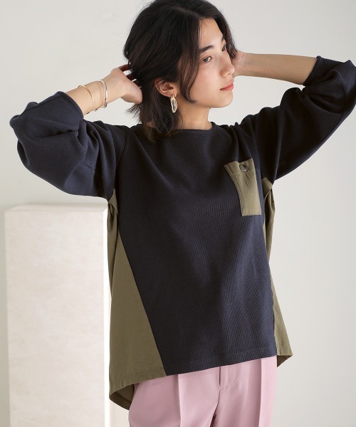 Bou Jeloud(ブージュルード)の「ワッフル異素材配色ドッキングプルオーバー(Tシャツ/カットソー・レディース・ネイビー/グレー/オフホワイト・FREE)」の20枚目の写真