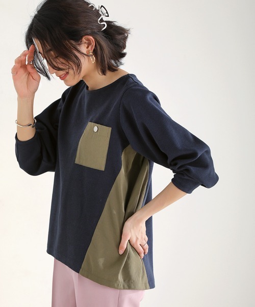 Bou Jeloud(ブージュルード)の「ワッフル異素材配色ドッキングプルオーバー(Tシャツ/カットソー・レディース・ネイビー/グレー/オフホワイト・FREE)」の4枚目の写真