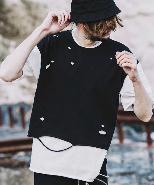 NO ID.(ノーアイディ)の「mt7859-クラッシュレイヤードBIG-T Tシャツ(Tシャツ/カットソー・メンズ・ブラック×ホワイト/ブラック/ホワイト・ONE SIZE)」の1枚目の写真