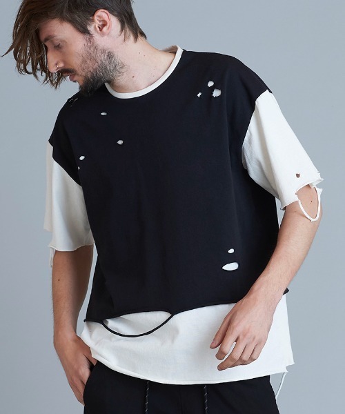 NO ID.(ノーアイディ)の「mt7859-クラッシュレイヤードBIG-T Tシャツ(Tシャツ/カットソー・メンズ・ブラック×ホワイト/ブラック/ホワイト・ONE SIZE)」の5枚目の写真