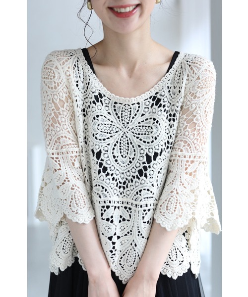 cawaii（カワイイ）の「涼しく重ね着する。花咲くクロシェ編みニットシアートップス（シャツ/ブラウス・レディース・アイボリー/パープル/ブラック・FREE）」の14枚目の写真