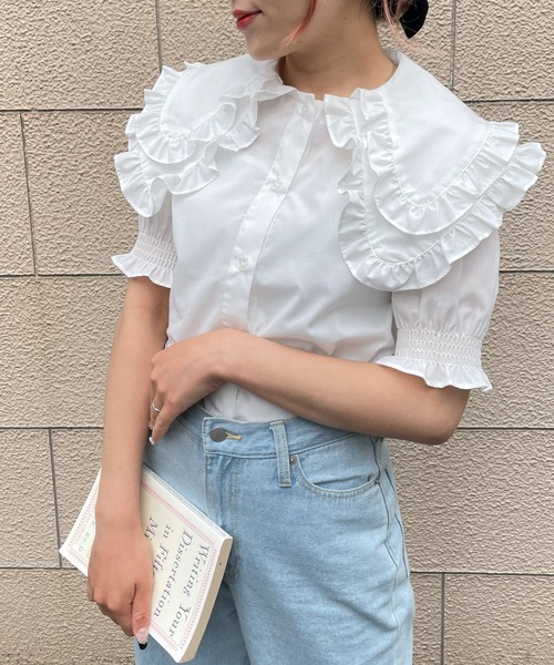 WEGO（ウィゴー）の「WEGO/ダブルフリルショートスリーブブラウス（シャツ/ブラウス・レディース・ホワイト・FREE）」の7枚目の写真