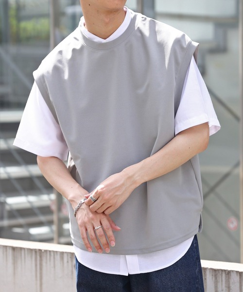 DISCOAT（ディスコート）の「カルゼポンチカットベストセットバンドカラー半袖シャツ（アンサンブル・メンズ・グレイッシュベージュ/カーキ/サックスブルー・MEDIUM/LARGE）」の2枚目の写真