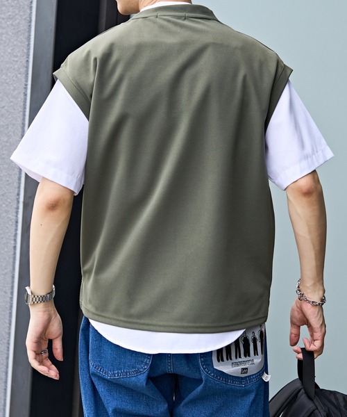 DISCOAT（ディスコート）の「カルゼポンチカットベストセットバンドカラー半袖シャツ（アンサンブル・メンズ・グレイッシュベージュ/カーキ/サックスブルー・MEDIUM/LARGE）」の5枚目の写真