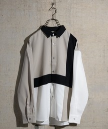【a】ナチュラルストレッチポリエステル ルーズシルエット 切替長袖シャツ