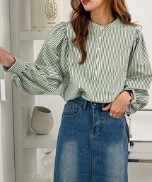 スタンドカラーストライプ柄シャツブラウス
