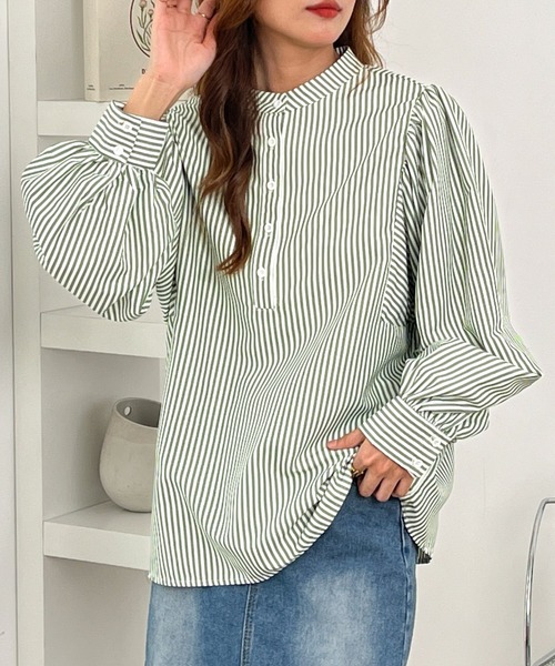 ECLIN(エクラン)の「スタンドカラーストライプ柄シャツブラウス(シャツ/ブラウス・レディース・ブラック/グリーン/ブルー/パープル・M/L)」の11枚目の写真