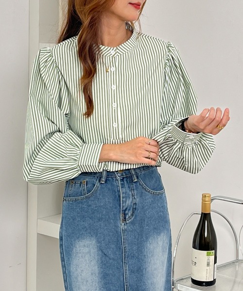 ECLIN(エクラン)の「スタンドカラーストライプ柄シャツブラウス(シャツ/ブラウス・レディース・ブラック/グリーン/ブルー/パープル・M/L)」の17枚目の写真