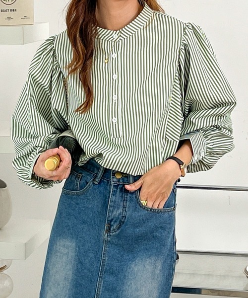 ECLIN(エクラン)の「スタンドカラーストライプ柄シャツブラウス(シャツ/ブラウス・レディース・ブラック/グリーン/ブルー/パープル・M/L)」の6枚目の写真