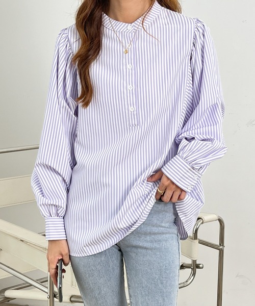 ECLIN(エクラン)の「スタンドカラーストライプ柄シャツブラウス(シャツ/ブラウス・レディース・ブラック/グリーン/ブルー/パープル・M/L)」の12枚目の写真
