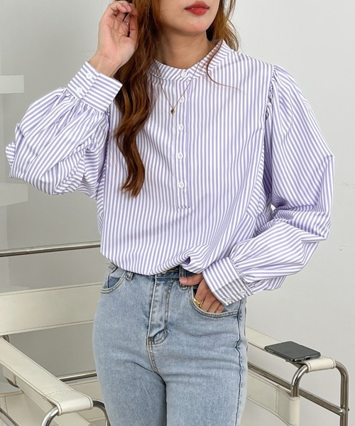 ECLIN(エクラン)の「スタンドカラーストライプ柄シャツブラウス(シャツ/ブラウス・レディース・ブラック/グリーン/ブルー/パープル・M/L)」の18枚目の写真