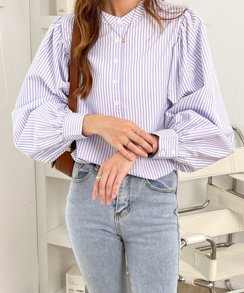 ECLIN(エクラン)の「スタンドカラーストライプ柄シャツブラウス(シャツ/ブラウス・レディース・ブラック/グリーン/ブルー/パープル・M/L)」の19枚目の写真