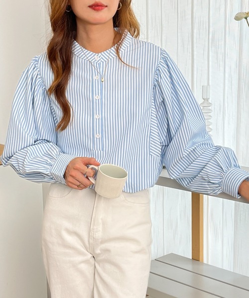 ECLIN(エクラン)の「スタンドカラーストライプ柄シャツブラウス(シャツ/ブラウス・レディース・ブラック/グリーン/ブルー/パープル・M/L)」の14枚目の写真