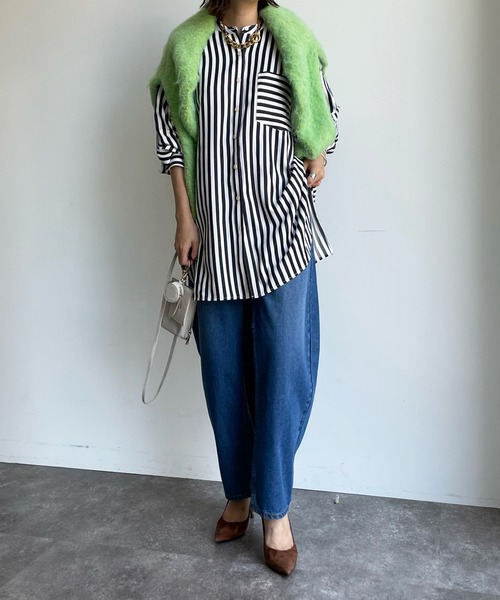 DouDou(ドゥドゥ)の「スタンドストライプシャツ(シャツ/ブラウス・レディース・ブラック/ベージュ・FREE)」の13枚目の写真