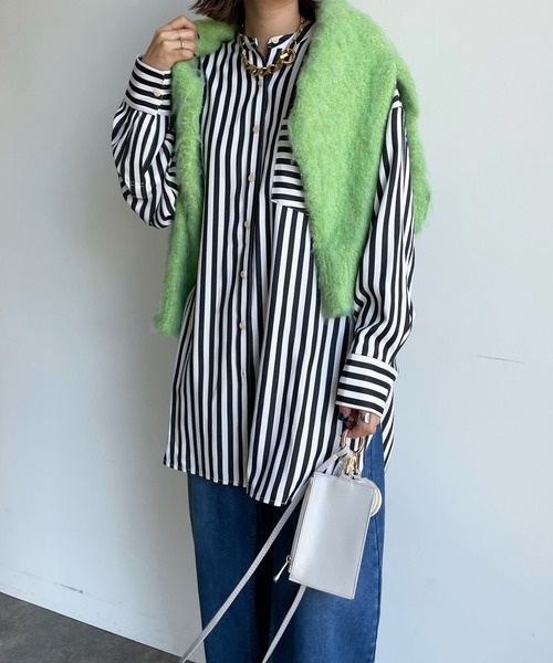 DouDou(ドゥドゥ)の「スタンドストライプシャツ(シャツ/ブラウス・レディース・ブラック/ベージュ・FREE)」の18枚目の写真