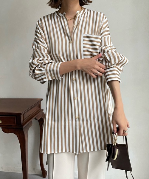 DouDou(ドゥドゥ)の「スタンドストライプシャツ(シャツ/ブラウス・レディース・ブラック/ベージュ・FREE)」の7枚目の写真