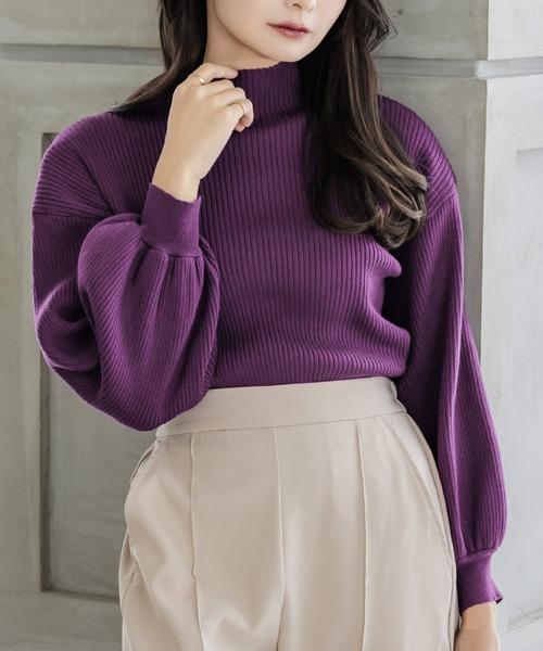 Julia Boutique(ジュリアブティック)の「パーソナルカラーボリュームスリーブニットトップス/22570(ニット/セーター・レディース・レッド/グリーン/キャメル/ライム/ラベンダー/ネイビー/パープル/マスタード/モカ/ブラック/アイボリー/サックスブルー・ONE)」の9枚目の写真