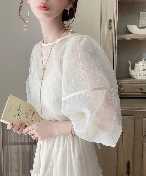 JUNOAH（ジュノア）の「ワッシャーシアー2wayリボンブラウス（シャツ/ブラウス・レディース・ブラック/クリーム/ベージュ/モカ/グレー/ピンク・MEDIUM/LARGE/X-LARGE/SMALL）」の7枚目の写真