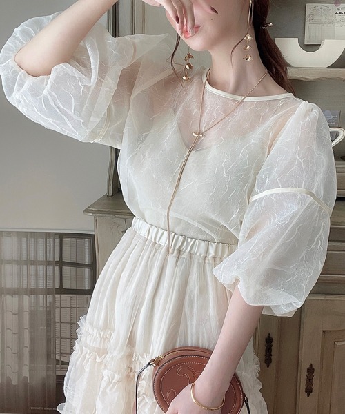 ブラウス シャツ 2wayリボンシアー長袖シフォンブラウスお呼ばれ結婚式 レディース JUNOAH（ジュノア）の「ワッシャーシアー2wayリボンブラウス