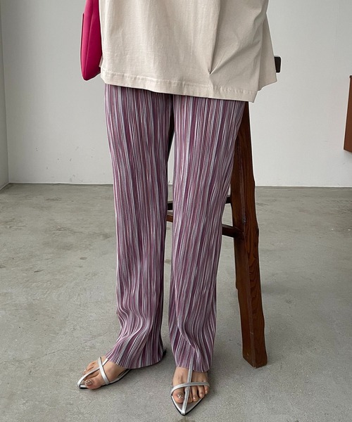 210nouve（トゥージュヌーブ）の「ランダムストライプ柄プリーツパンツ（その他パンツ・レディース・グリーン/パープル/オレンジ・FREE）」の14枚目の写真