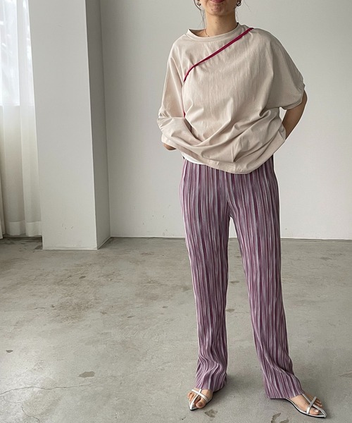 210nouve（トゥージュヌーブ）の「ランダムストライプ柄プリーツパンツ（その他パンツ・レディース・グリーン/パープル/オレンジ・FREE）」の7枚目の写真