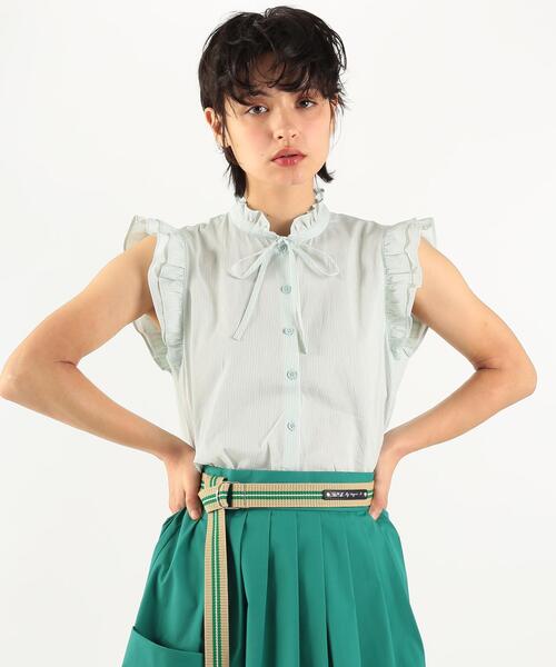To b. by agnes b.(トゥービーバイアニエスベー)の「WU33 CHEMISE ストライプフリルブラウス(シャツ/ブラウス・レディース・グリーン系その他・38/40/36)」の1枚目の写真