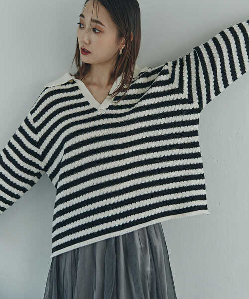 N.（N. Natural Beauty Basic）（エヌエヌナチュラルビューティーベーシック）の「◆スキッパーニット（ニット/セーター・レディース・オレンジ/グリーン/ホワイト×ブラック・MEDIUM）」の2枚目の写真