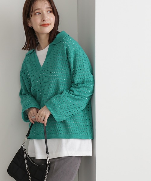 N.（N. Natural Beauty Basic）（エヌエヌナチュラルビューティーベーシック）の「◆スキッパーニット（ニット/セーター・レディース・オレンジ/グリーン/ホワイト×ブラック・MEDIUM）」の3枚目の写真