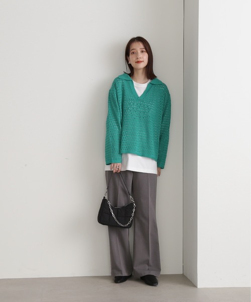 N.（N. Natural Beauty Basic）（エヌエヌナチュラルビューティーベーシック）の「◆スキッパーニット（ニット/セーター・レディース・オレンジ/グリーン/ホワイト×ブラック・MEDIUM）」の21枚目の写真