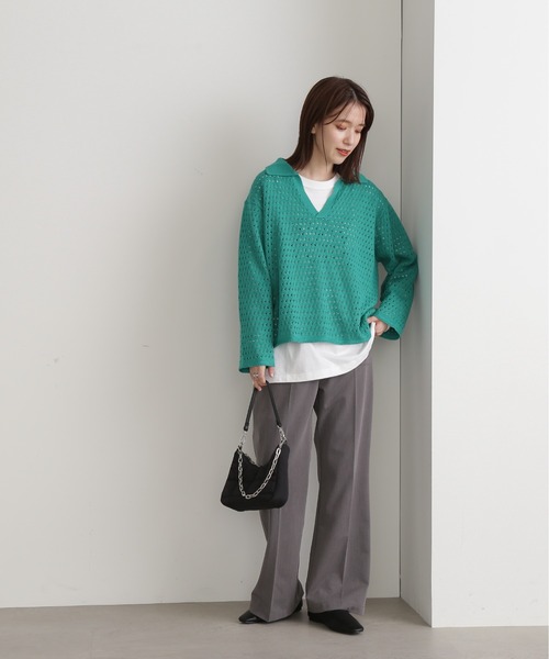 N.（N. Natural Beauty Basic）（エヌエヌナチュラルビューティーベーシック）の「◆スキッパーニット（ニット/セーター・レディース・オレンジ/グリーン/ホワイト×ブラック・MEDIUM）」の15枚目の写真