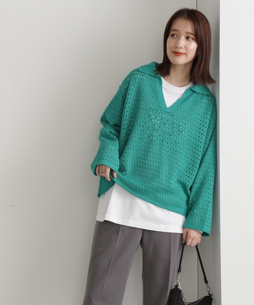 N.（N. Natural Beauty Basic）（エヌエヌナチュラルビューティーベーシック）の「◆スキッパーニット（ニット/セーター・レディース・オレンジ/グリーン/ホワイト×ブラック・MEDIUM）」の6枚目の写真