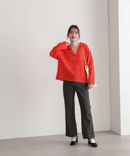 N.（N. Natural Beauty Basic）（エヌエヌナチュラルビューティーベーシック）の「◆スキッパーニット（ニット/セーター・レディース・オレンジ/グリーン/ホワイト×ブラック・MEDIUM）」の22枚目の写真