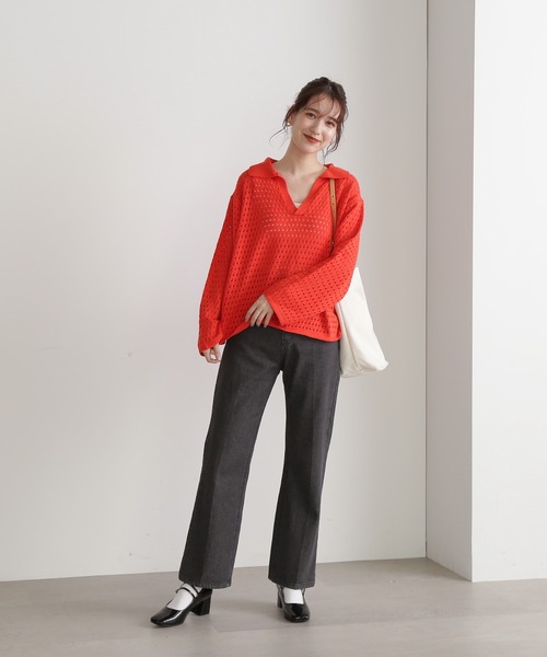 N.（N. Natural Beauty Basic）（エヌエヌナチュラルビューティーベーシック）の「◆スキッパーニット（ニット/セーター・レディース・オレンジ/グリーン/ホワイト×ブラック・MEDIUM）」の10枚目の写真