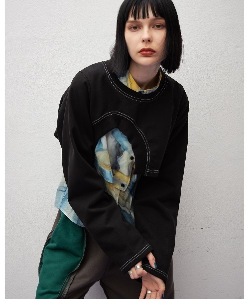 casane（カサネ）の「アシメヘムショートトップス（スウェット・レディース・ブラック/グレー・FREE）」の6枚目の写真