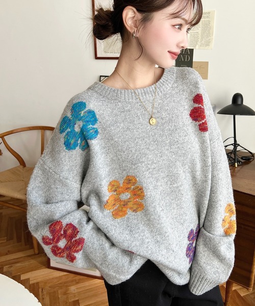 LOULOU select(ルルセレクト)の「【累計販売枚数1万枚突破!】 ミックスカラーフラワージャガードニットプルオーバー(ニット/セーター・レディース・チャコールグレー/グレー/アイボリー/ブラウン/ネイビー・M/L)」の21枚目の写真