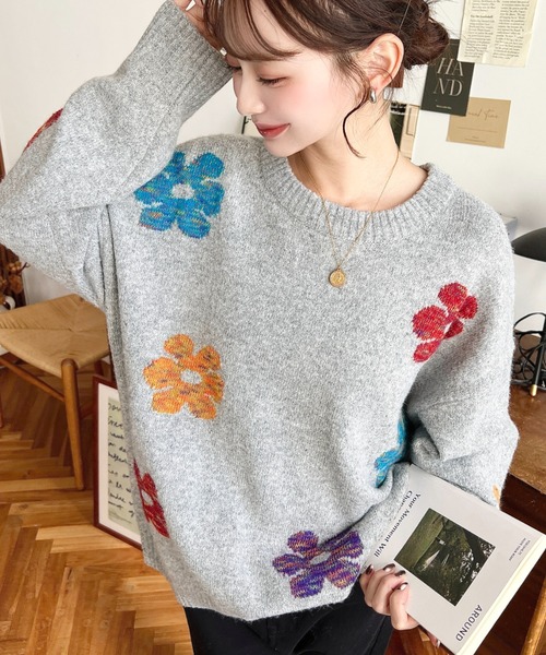 LOULOU select(ルルセレクト)の「【累計販売枚数1万枚突破!】 ミックスカラーフラワージャガードニットプルオーバー(ニット/セーター・レディース・チャコールグレー/グレー/アイボリー/ブラウン/ネイビー・M/L)」の20枚目の写真