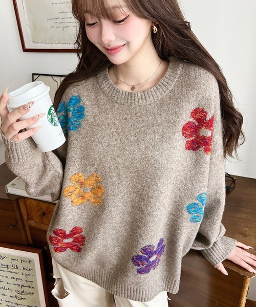 LOULOU select(ルルセレクト)の「【累計販売枚数1万枚突破!】 ミックスカラーフラワージャガードニットプルオーバー(ニット/セーター・レディース・チャコールグレー/グレー/アイボリー/ブラウン/ネイビー・M/L)」の18枚目の写真