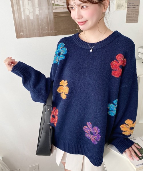 LOULOU select(ルルセレクト)の「【累計販売枚数1万枚突破!】 ミックスカラーフラワージャガードニットプルオーバー(ニット/セーター・レディース・チャコールグレー/グレー/アイボリー/ブラウン/ネイビー・M/L)」の12枚目の写真