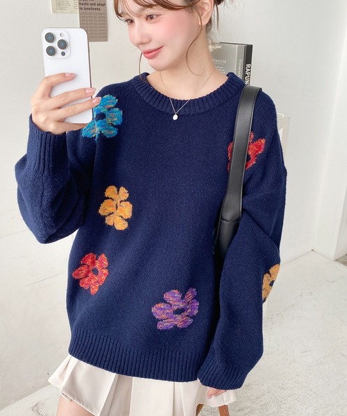 LOULOU select(ルルセレクト)の「【累計販売枚数1万枚突破!】 ミックスカラーフラワージャガードニットプルオーバー(ニット/セーター・レディース・チャコールグレー/グレー/アイボリー/ブラウン/ネイビー・M/L)」の9枚目の写真